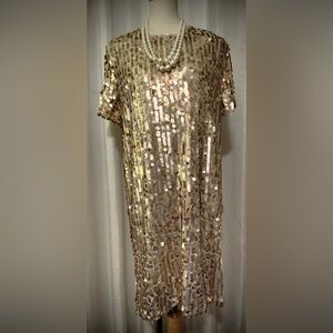 Lulu's Gold Sequin Short Sleeve Shift Dress